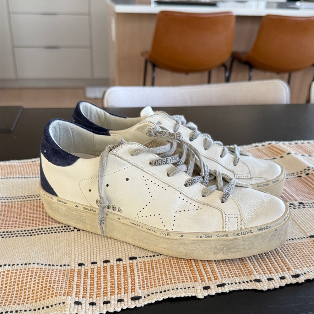 Golden Goose Hi Star White and Navy Sneakers